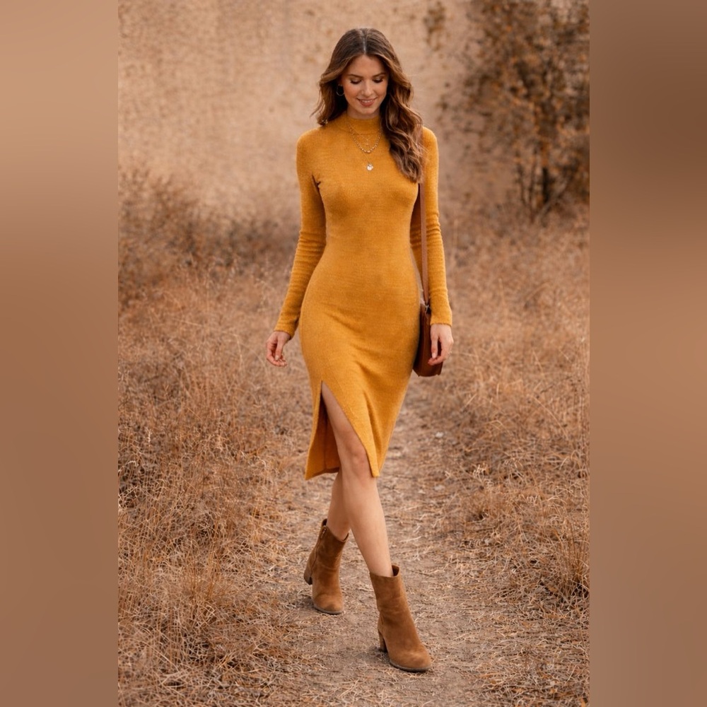 Free People Mustard Knit Midi Dress XS Boho Sweater Long Sleeve Slit